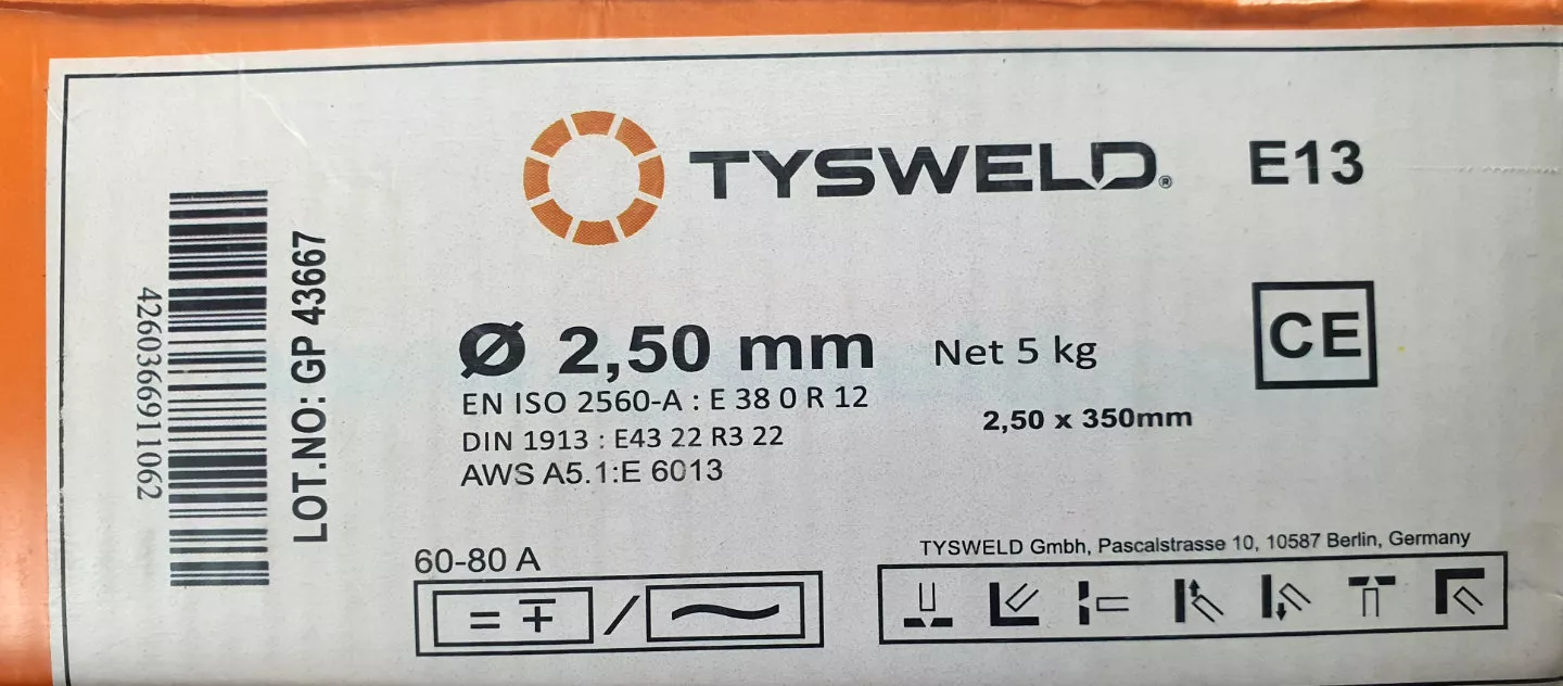 Elektroda E13 TYSWELD ® E6013 rutilová růžová 2,5 x 350mm, balení 5kg
